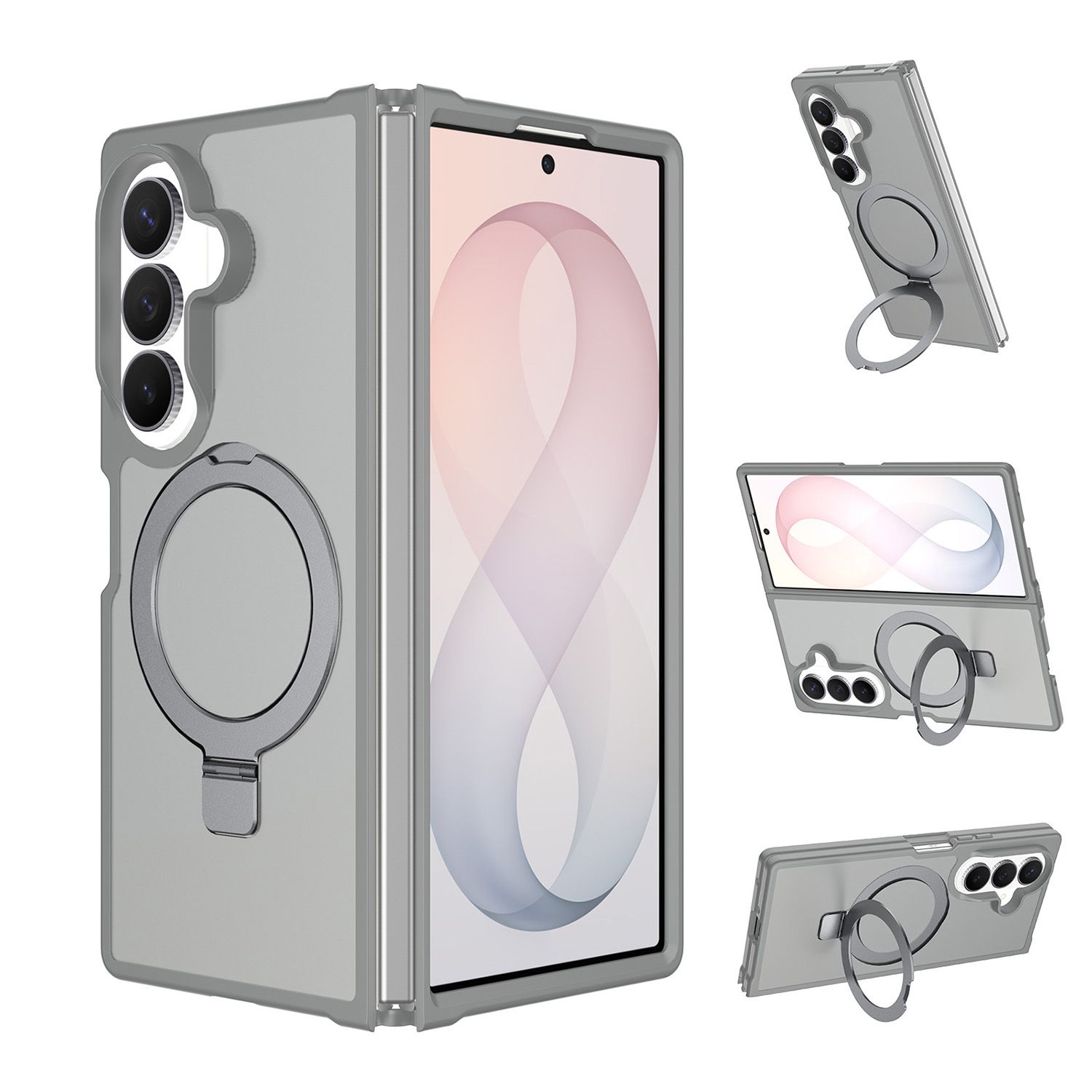 Magnetic Matching Ring Stand Full Rotation Matte Hybrid For Samsung Z Fold 8 Ultra  - Grey