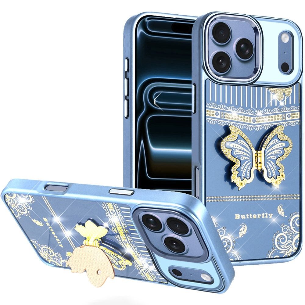 Splendid Glitter Butterfly Design Stand with Metallic Edges Hybrid Case For Apple iPhone 18 Pro Max - Light Blue