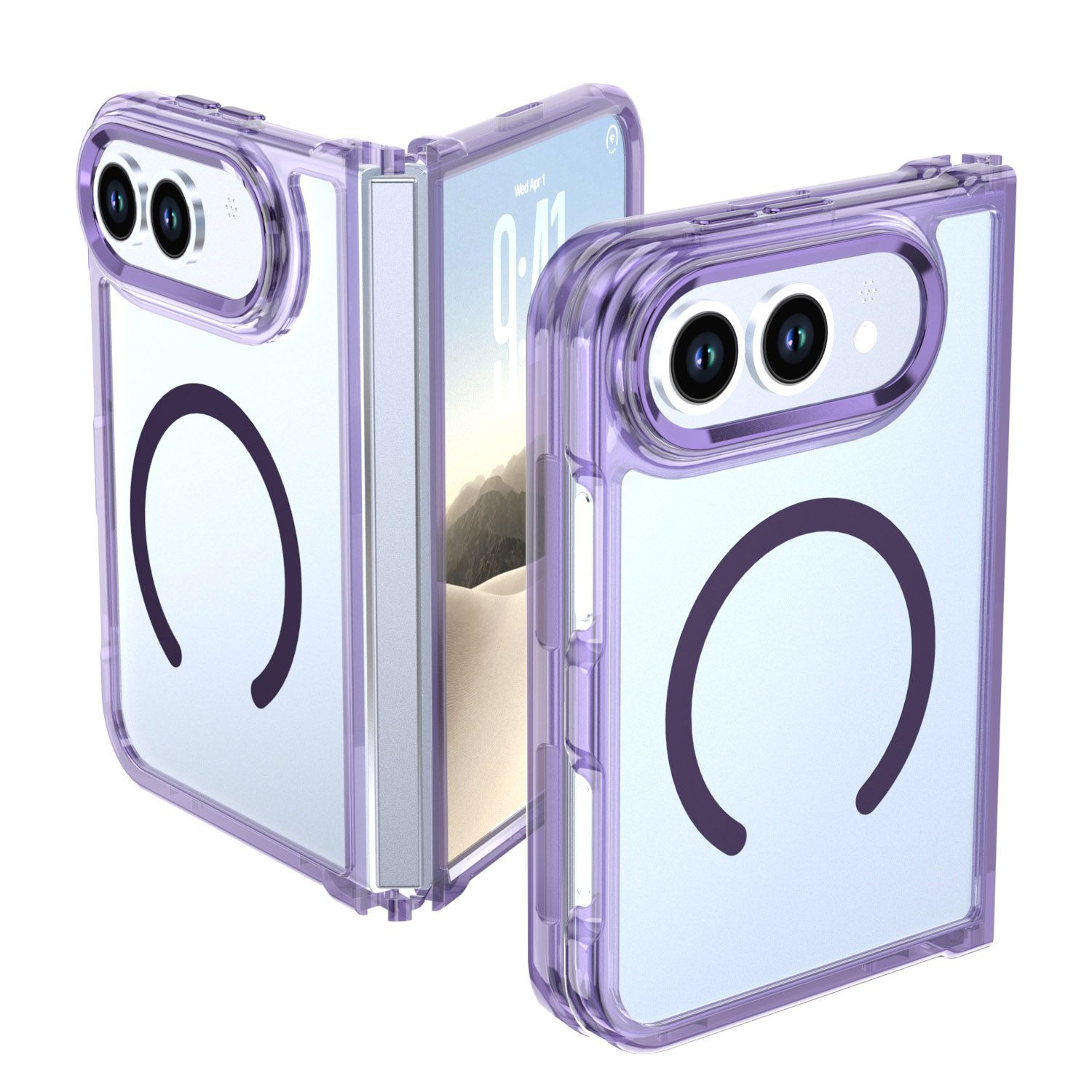 Magnetic Circle Ring Transparent Premium Acrylic with Metal Buttons &amp; Camera Raised Lip Apple iPhone DUO - Light Purple