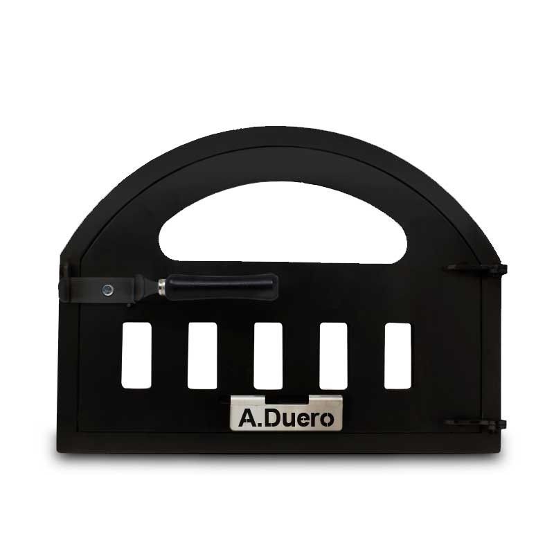 Große massive Eisentür mit Glasfenster