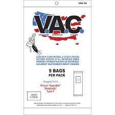 V. A. C. 42 RICCAR SUPRALITE/SIMPLICITY HEPA VACUUM BAGS, Style F