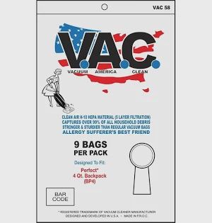 V. A. C. 58 Hepa Backpack Vacuum Bags, 4 Qt (9Pk)