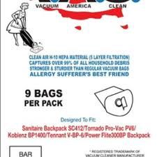 V. A. C. Hepa Sanitaire Backpack SC412/Tornado ProVac PV6 Bag VAC37 (9pk)