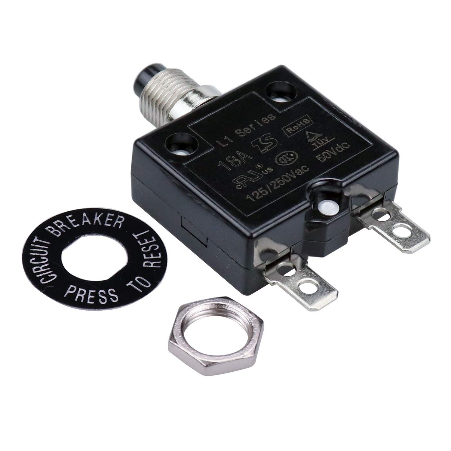 CIRCUIT BREAKER, 18 AMP PUSH BUTTON (125-250V  AC 50V DC)
