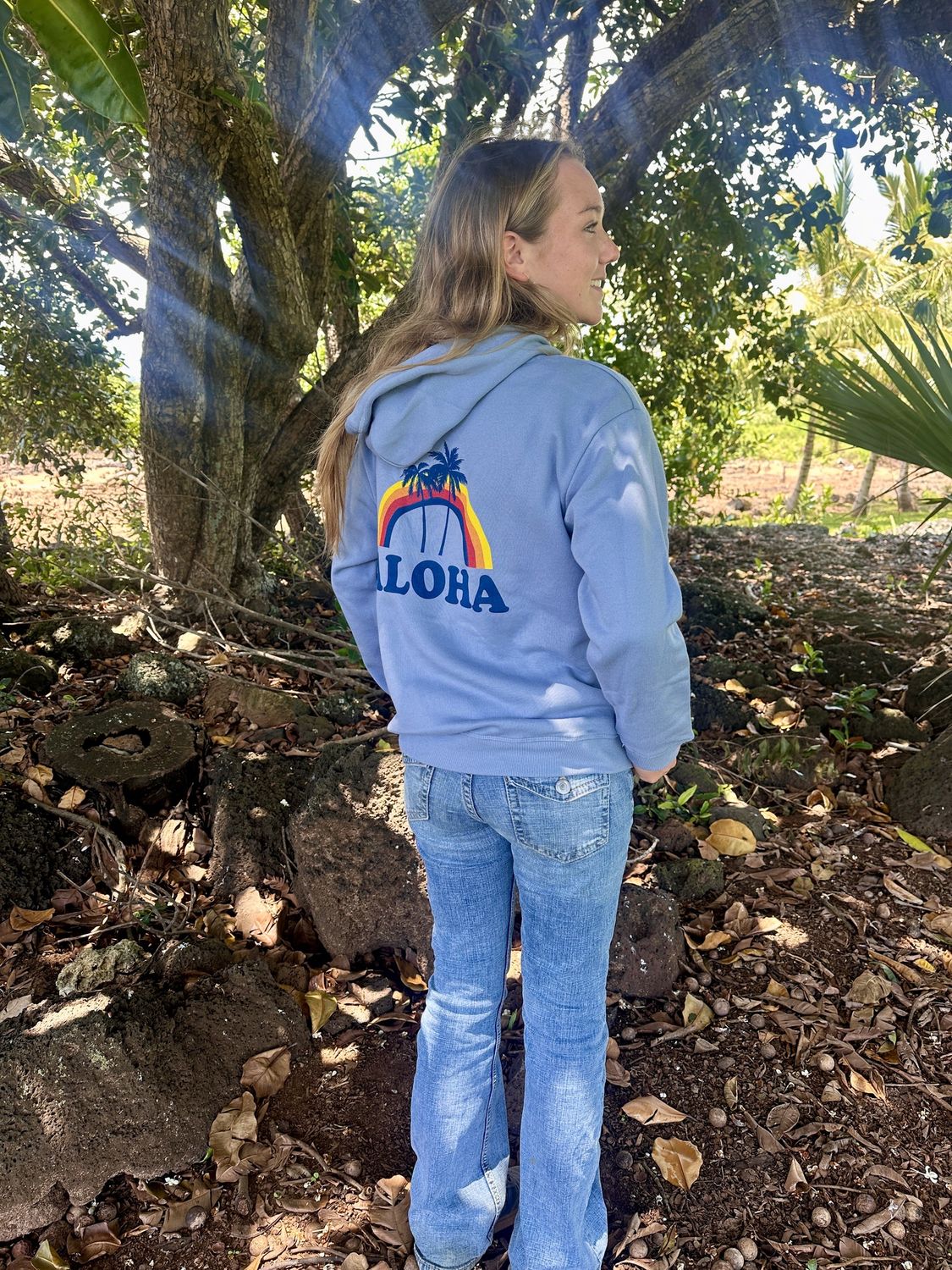 NUKUMOI RAINBOW ALOHA P/O HOODY, Color: DUSTY BLUE, Size: SM