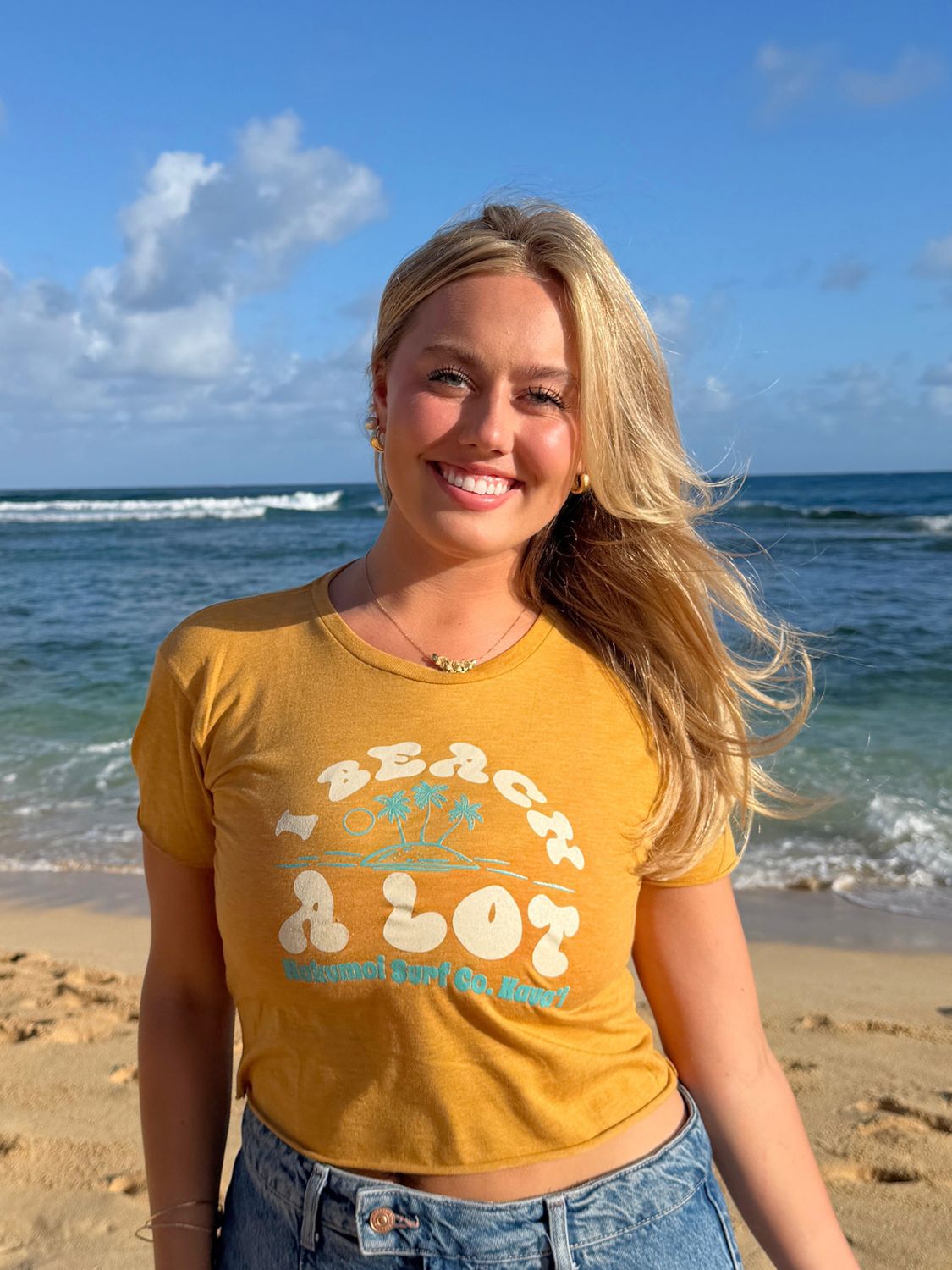 NUKUMOI "I BEACH A LOT" CROP, Color: GOLD, Size: XS