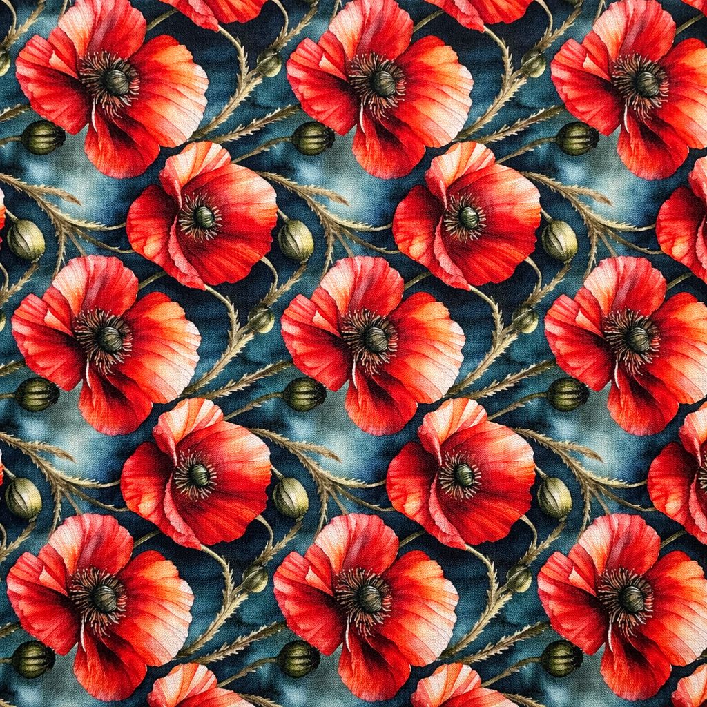 Coton imprimé coquelicots rouges fond bleu