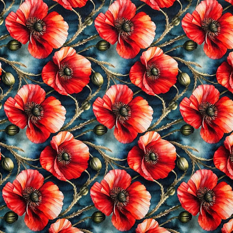 Coton imprimé coquelicots rouges fond bleu