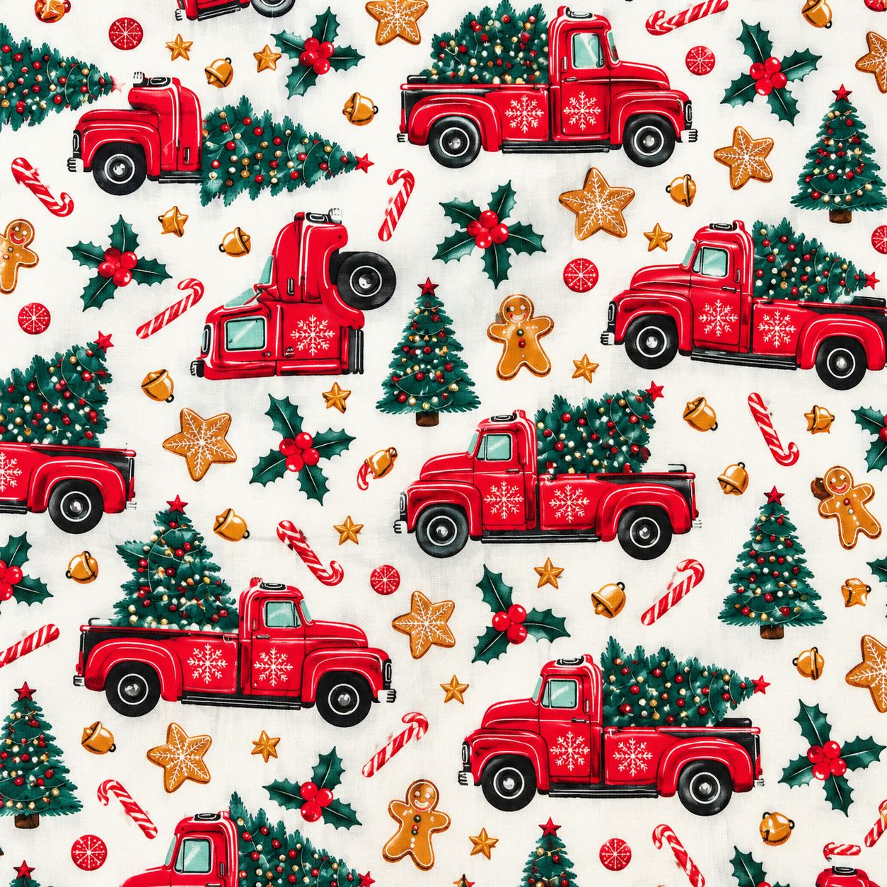 Coton de Noël – Camions rouges et sapins
