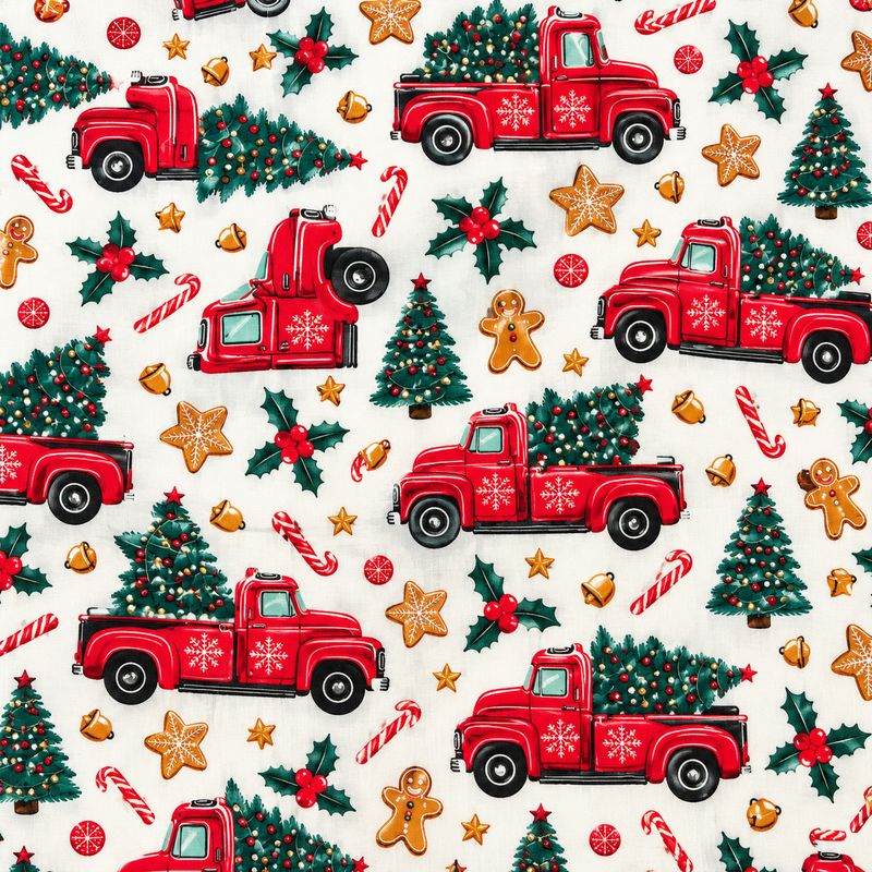 Coton de Noël – Camions rouges et sapins