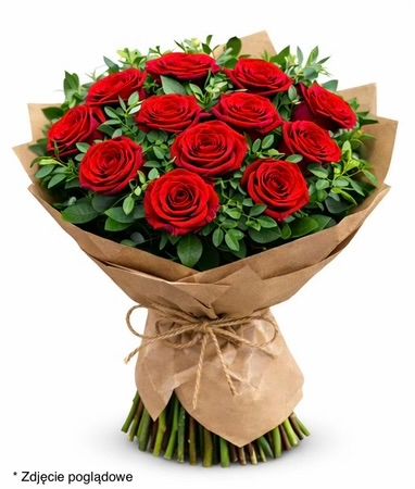 Bukiet z Czerwonych Róż i Zieleni Dekoracyjnej