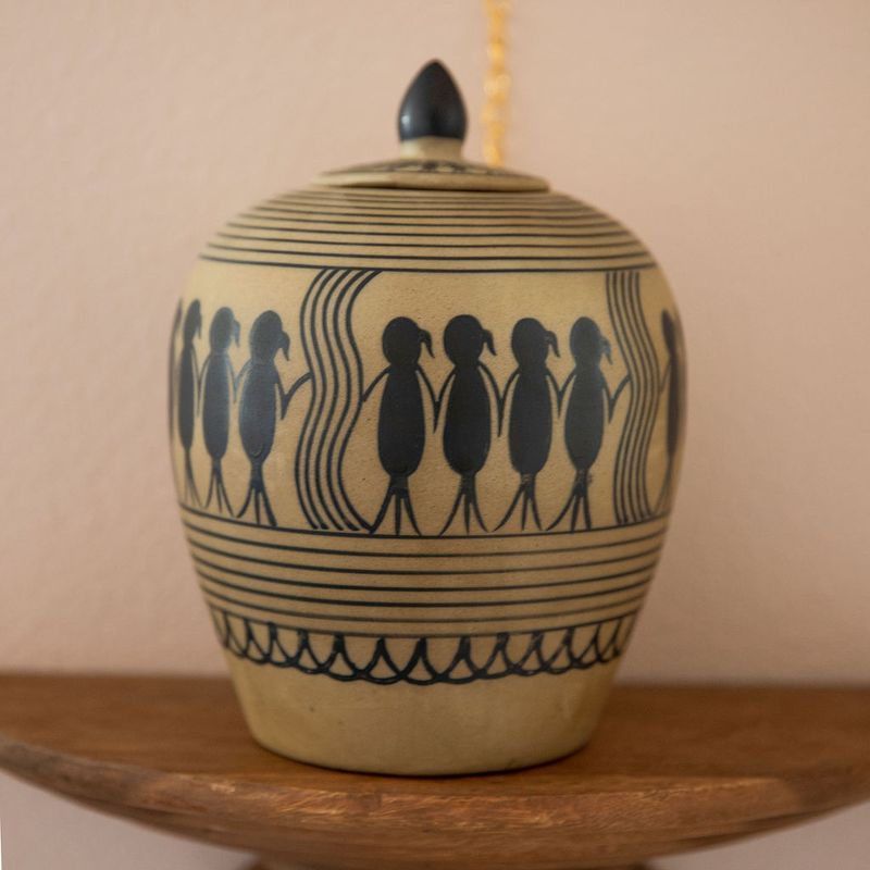 Saura Warli Painted Tribal Ceramic Ginger Jar