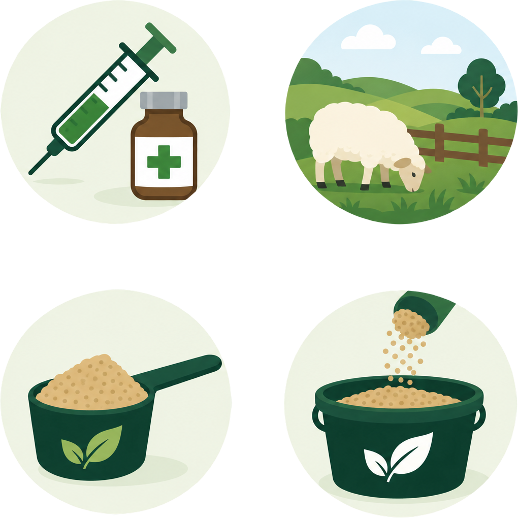 Illustrations showing worm treatment, low-worm pasture, BioWorma supplement and mixing with feed
