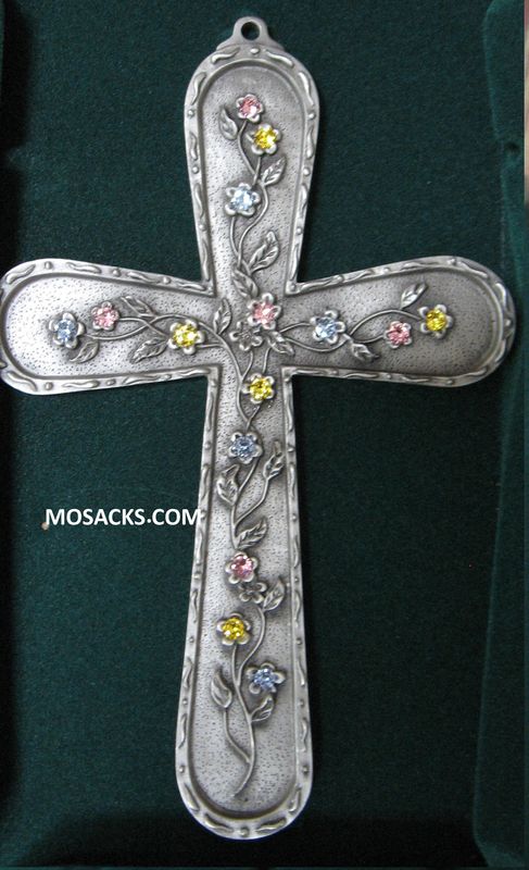 6" Pewter Floral Cross with Austrian Crystals in Flowers -JC9200E is a wall cross.