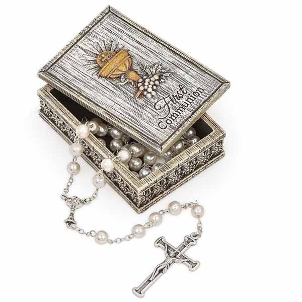 Distressed First Communion Keepsake Box 602064 has a Chalice, Host & Grapes design.  First Communio…