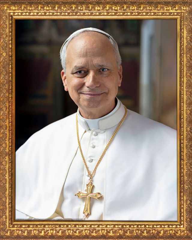 picture is a gold framed wall art features a Formal Portrait of Pope Leo XIV on canvas in 6 sizes