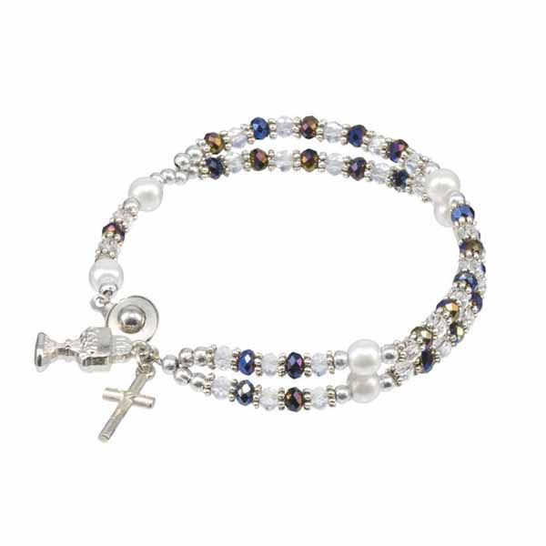 Communion 6mm Aurora Borealis Crystal Rosary Bracelet with Pearl Accent Beads and a Silver Oxidized…