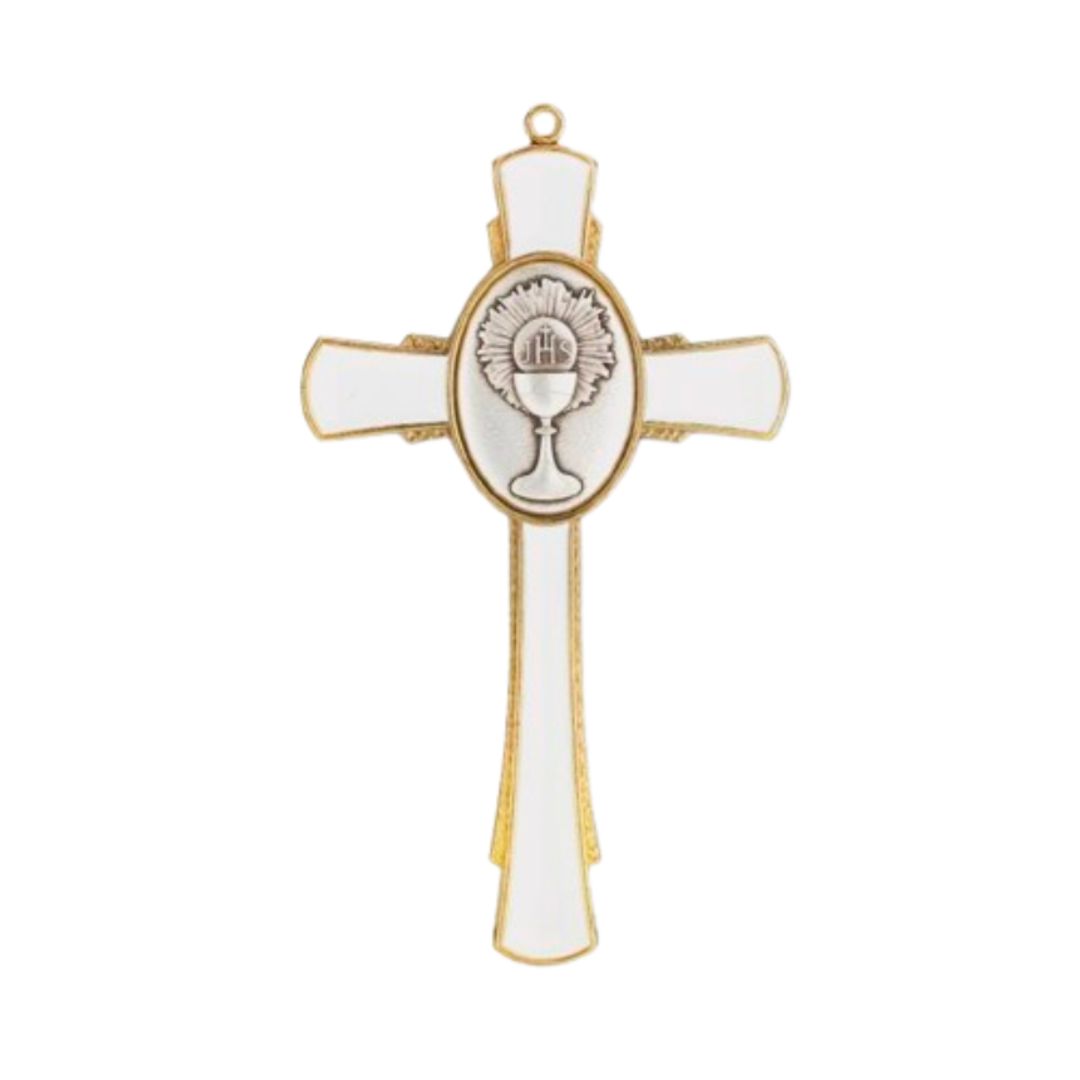 White Enamel First Communion Cross with Silver and Gold Finish 2541-695