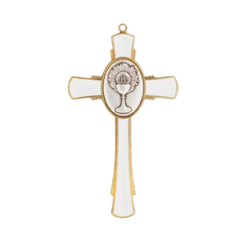 White Enamel First Communion Cross with Silver and Gold Finish 2541-695