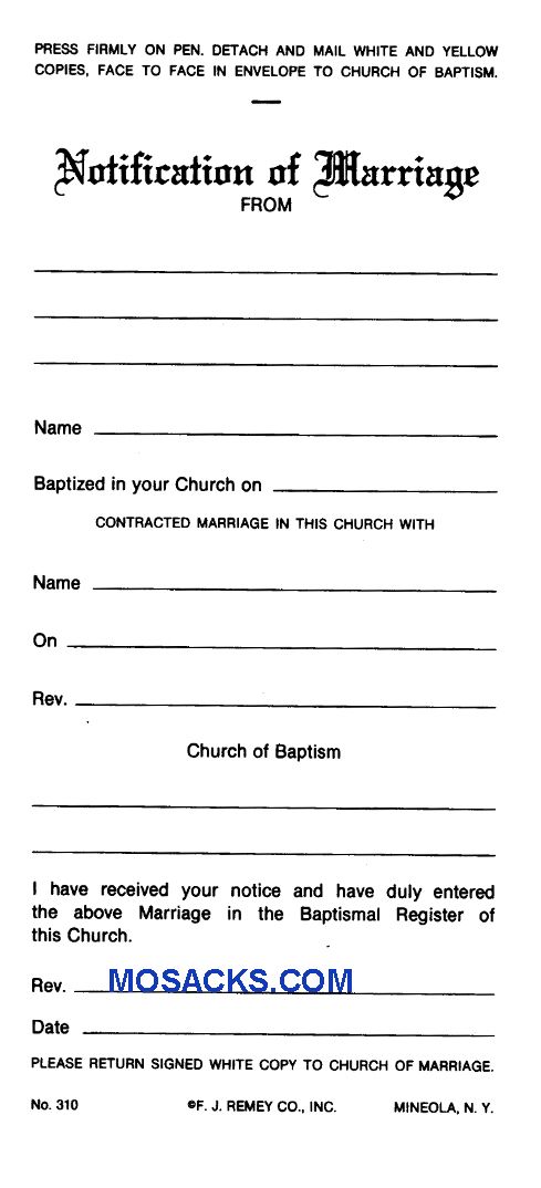 Marriage Notification 3 Part Set No. 310 Marriage Notification 3 Part Set No. 310