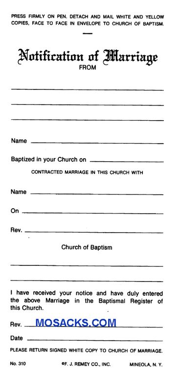 Marriage Notification 3 Part Set No. 310