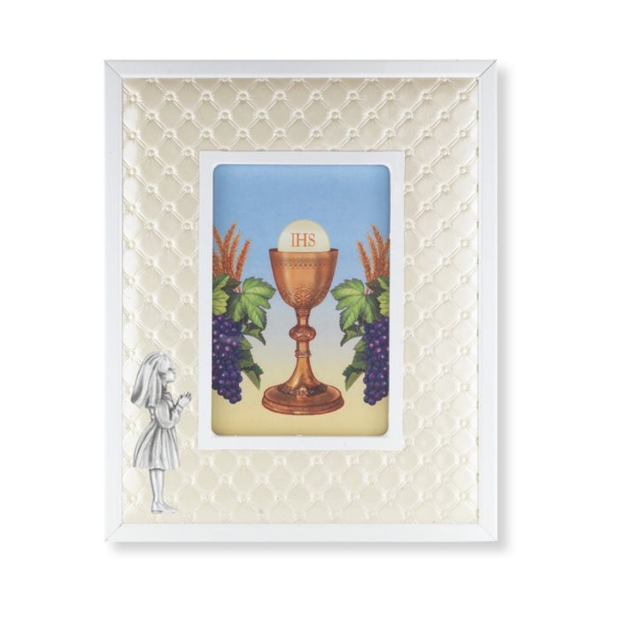Communion Padded White Leatherette Communion Photo Frame with White Metal Border for Girl 4" x 6" P…