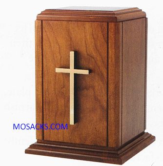 Memorial Urn Wood with Gold Cross-421-U-100  measures 10.25" High