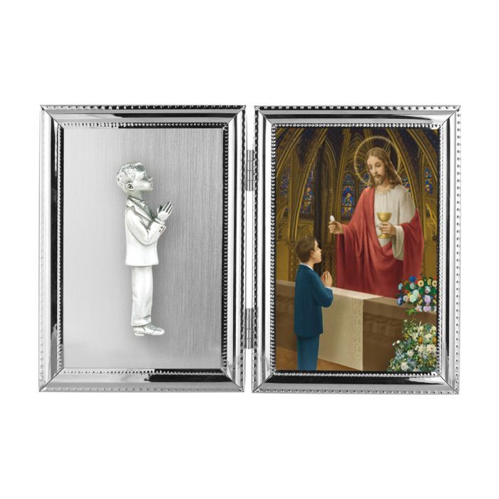 Holy Communion Child Of God 5" x 7" Double Frame Boy 12-2238-82B is a Double Hinged Communion Remem…