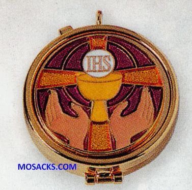 K Brand Pyx Gold Plate Enameled Chalice Hands 7 Host capacity K187 Brand Pyx Gold Plate with Enameled emblem on cover of Chalice & Hands design. Pyx has 7 Host capac…
