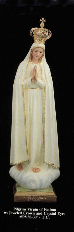 Pilgrim Virgin Of Fatima 30" Plaster Statue with Jeweled Crown and Crystal Eyes in Traditional Colo…
