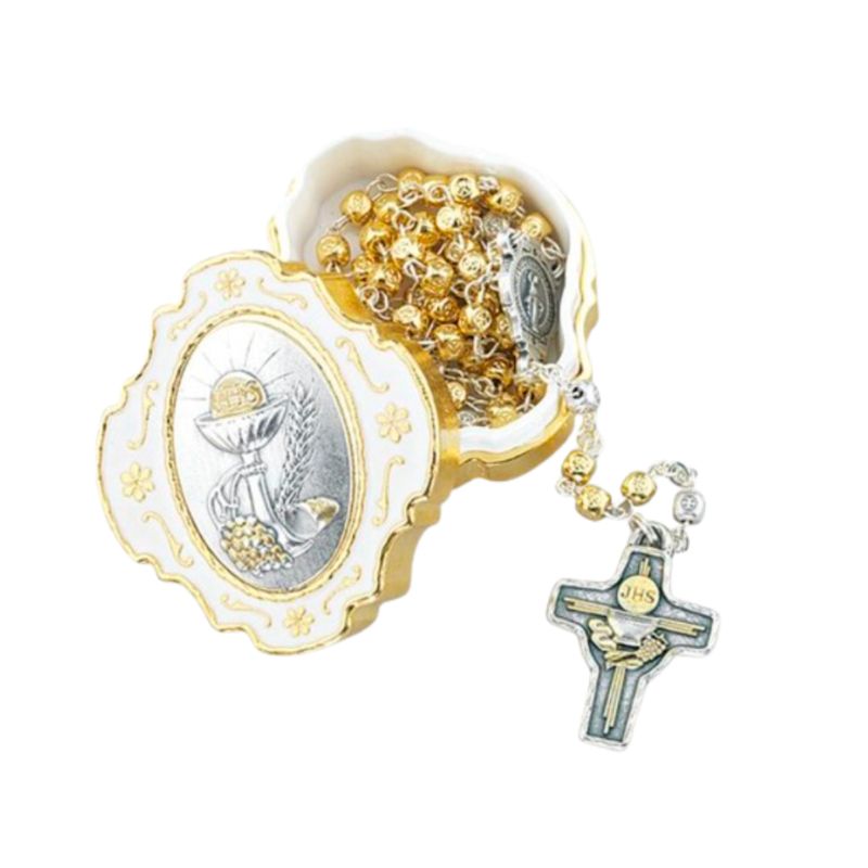 Communion Gold Silver Metal Rosary Keepsake Box 12-326