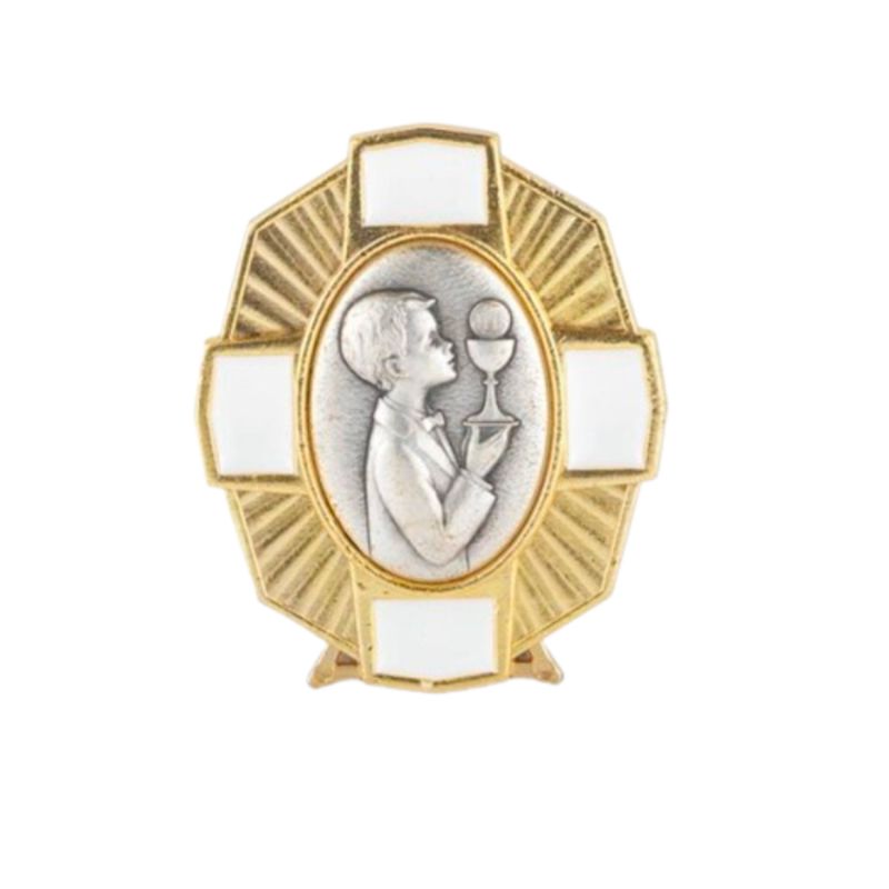 Communion White Enamel with Antique Silver and Gold Plated Finish Metal Stand with depiction of a B…