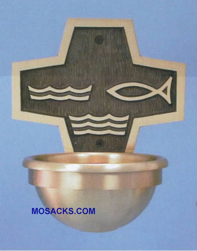 Bronze Holy Water Font Water & Fish on Cross-Shaped Back Plate 81HWF46