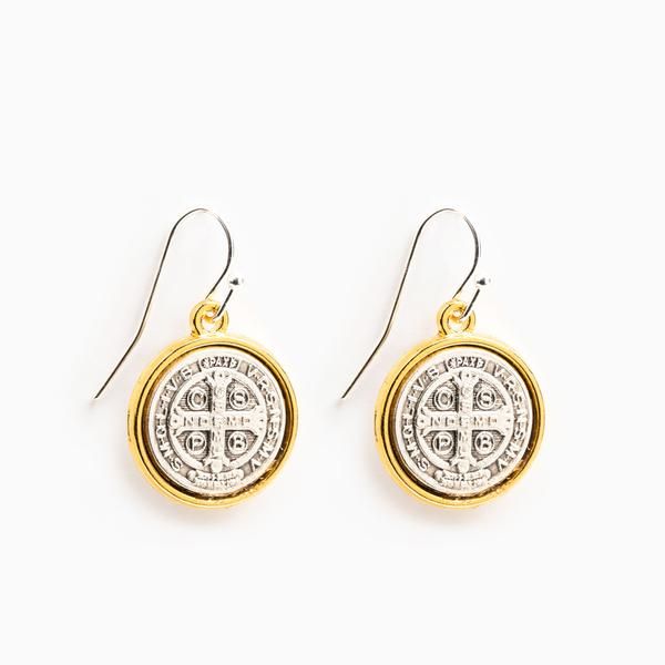 My Saint My Hero Benedictine Blessing Gold Rim Earrings-40001MX