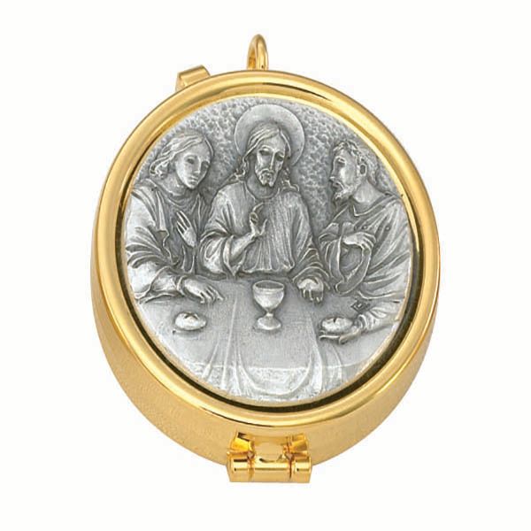 Pyx Gold Plate with Silver Last Supper 7 Host 2-1/8 x 5/8 - 2010G Alviti This is a 24Kt Gold Plate Silver Last Supper Pyx with a 7 host capacity by Alviti Creations 2010G M…