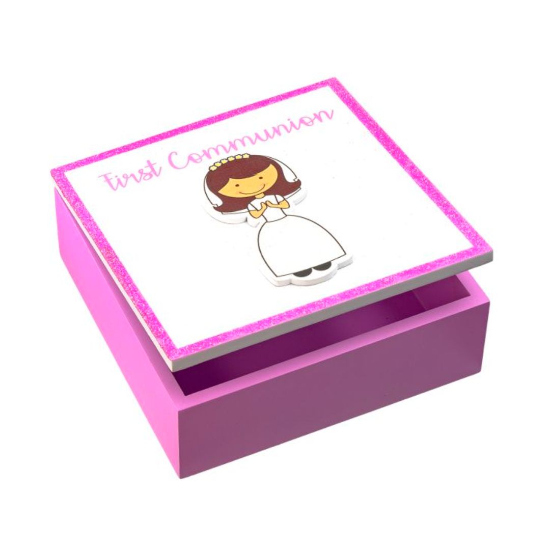 First Communion 5-1/2 X 5-1/2 Keepsake Box (Girl) First Holy Communion 5-1/2" X 5-1/2" X 1-3/4" deep Wooden Glitter Keepsake Box Girl 5983