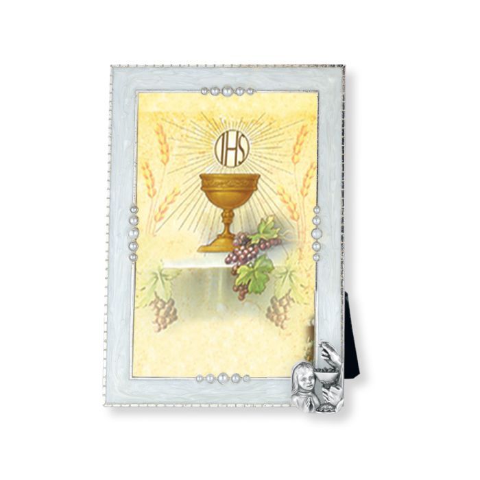 Communion Girl with Chalice on Silver Plated Pearlized Frame 12-2237-84G holds a 4" x 6‚Äù photo.  …