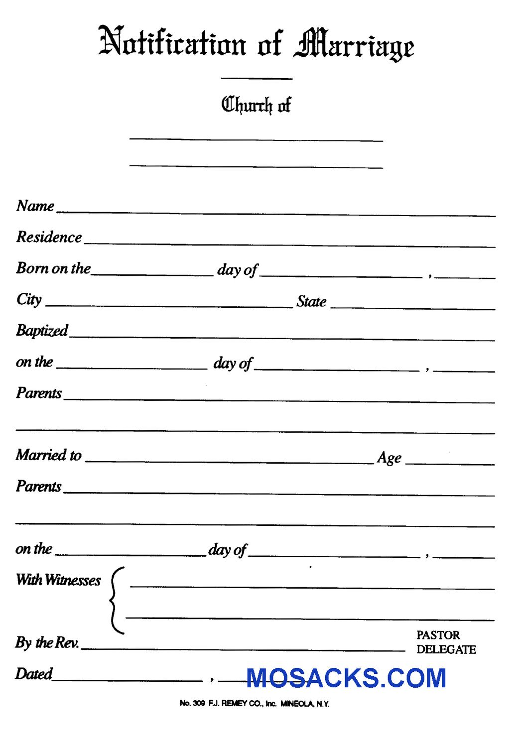 Marriage Notification Simple Form No. 309 Marriage Notification Simple Form No. 309