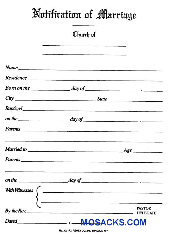Marriage Notification Simple Form No. 309