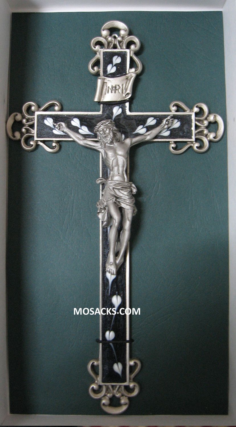10" Crucifix has a Silver Cross with Filigree ends and a Black Jet Floral Epoxy inlay.  The Silver …