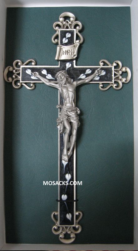 10" Crucifix has a Silver Cross with Filigree ends and a Black Jet Floral Epoxy inlay.  The Silver …