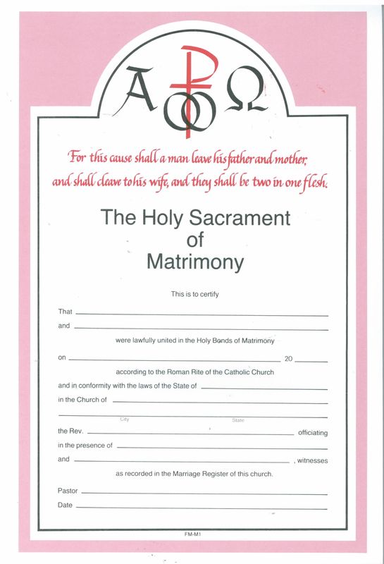 Holy Sacrament Of Matrimony Certificate 50 per pad 8-RUM1
