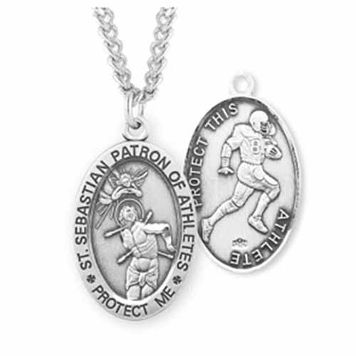 St. Sebastian Oval Sports Medal Football in Sterling Silver, S604224