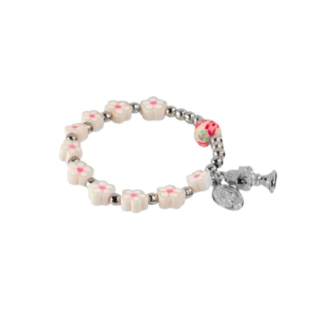Communion White Floral Shape Fimo Bead 6" Rosary Bracelet 12-757WT