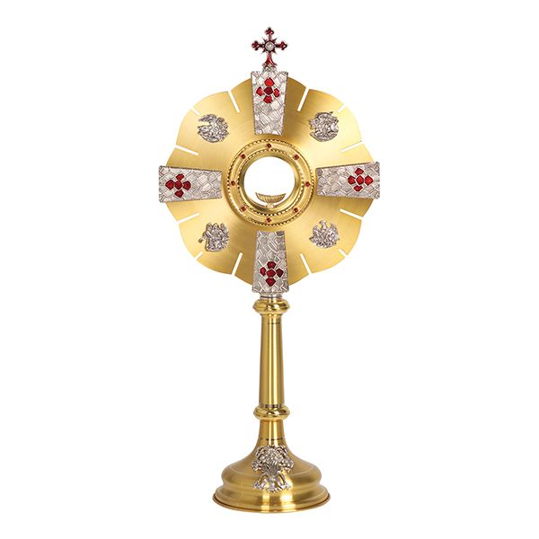 K Brand Monstrance 28" High holds 2-3/4" Host K682 Monstrance with Red Stones & Red Enamel Crosses