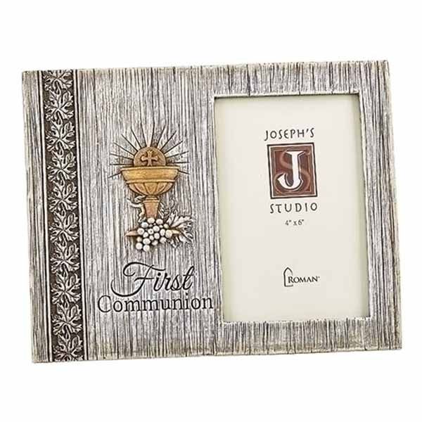 Distressed First Communion Frame has a Chalice, Host & Grapes design with the words First Communion…