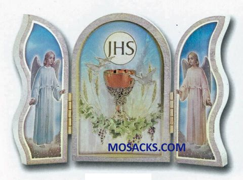 5" x 3-1/2" Communion Gold Embossed Deluxe Wood Triptych features Chalice, IHS Host & Angels design…