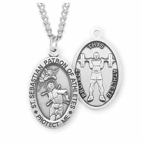 St. Sebastian Oval Sports Medal Weightlifting in Sterling Silver, S605224