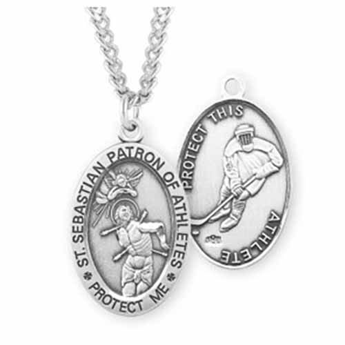St. Sebastian Oval Sports Medal Hockey in Sterling Silver, S604524