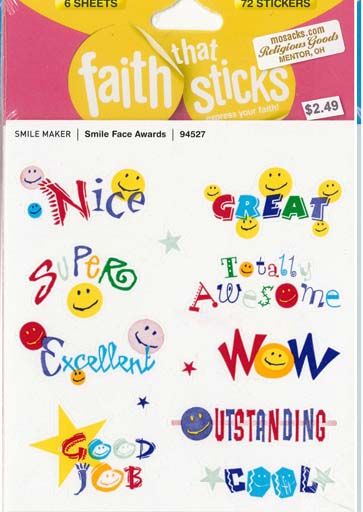 Faith That Sticks Smile Face Awards-94527 includes 6 Jesus sticker sheets